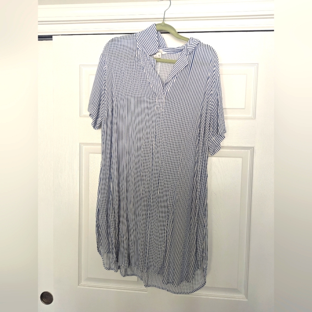 Blue and white striped shirt dress
